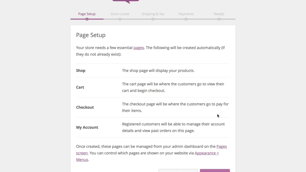 The WooCommerce page setup screen that enable creation of different pages in a marketplace WordPress website