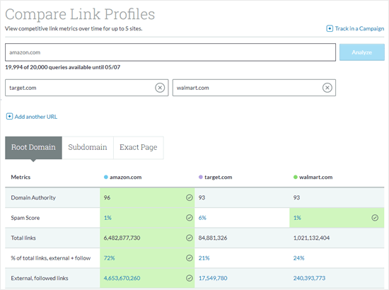 Comparing backlink profiles using Moz