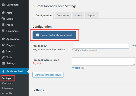 Connect your Facebook account to the Custom Facebook Feed plugin