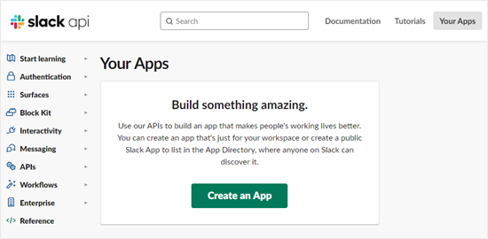 Creating a new app in Slack