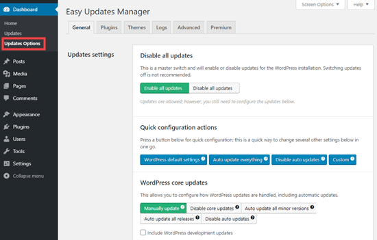 Configuring the settings for the Easy Updates Manager plugin