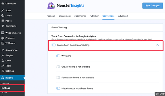 MonsterInsights form conversion tracking
