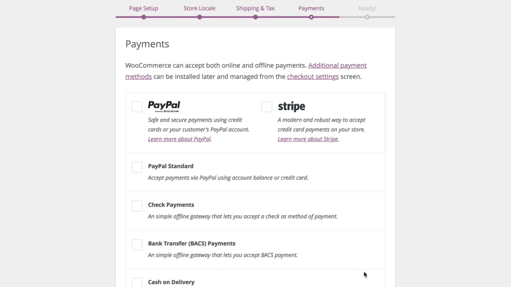 A payments setup screen used in setting up different payment gateways in a marketplace WordPress website