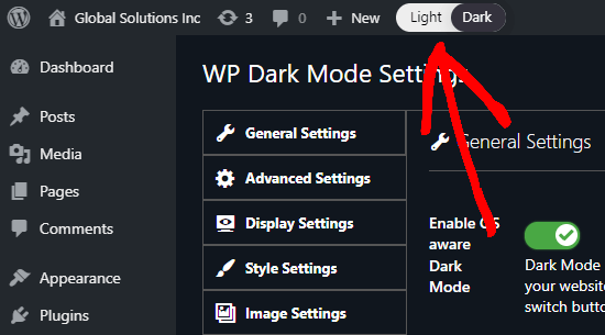 The toggle switch in your WordPress admin to switch between light (normal) and dark for your admin interface