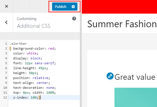 The additional CSS as displayed in the theme customizer