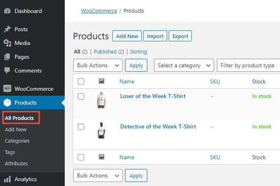 The list of print on demand products in WooCommerce, viewed in your WordPress dashboard
