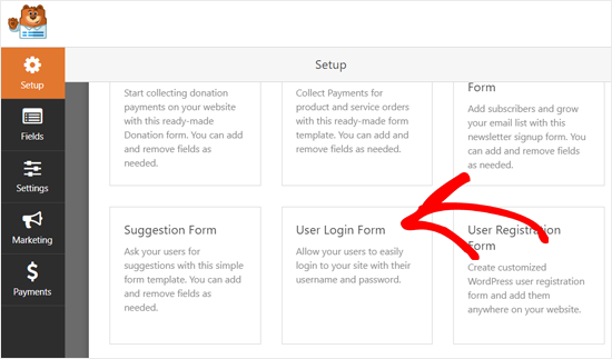 Select User Login Form Template WPForms