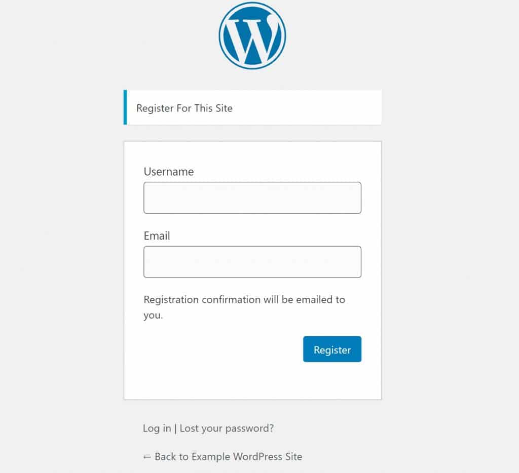 The default WordPress registration page