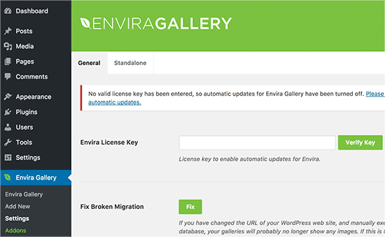 Add Envira Gallery license key