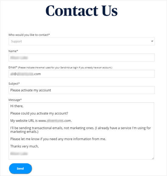 Contact form message to Sendinblue to request account activation