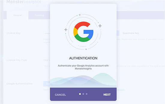 MonsterInsights popup to authenticate with your Google account