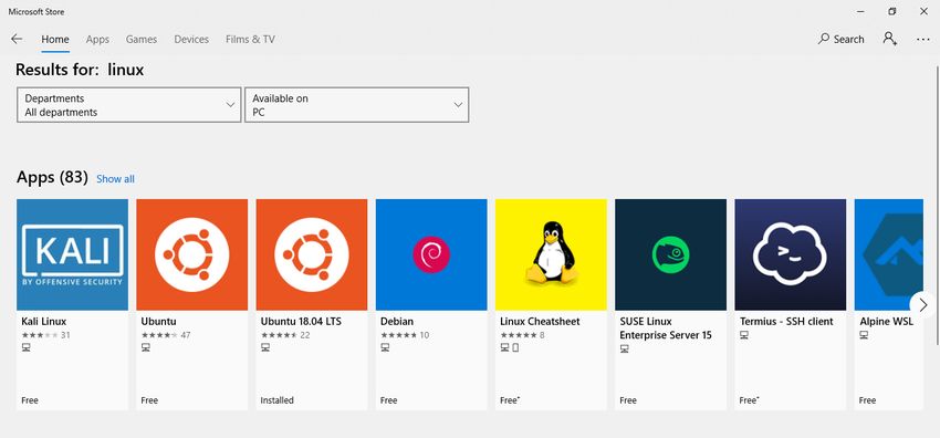 Linux distros in the Windows store